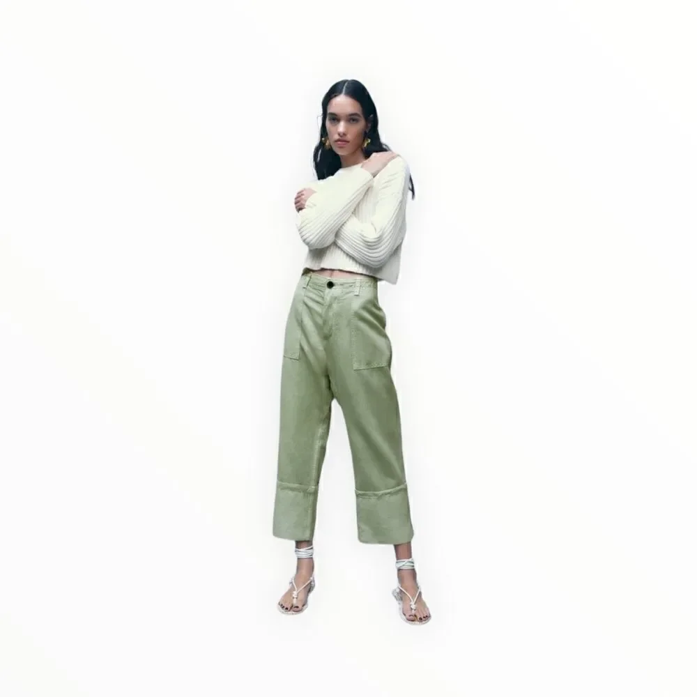 ZARA | Sea Green | LINEN BLEND TURNED UP CUFF PANTS